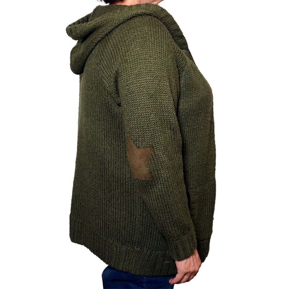 Rib Star Elbow Patch Zip Hoodie Cardigan Olive Green - Picture 2 of 10